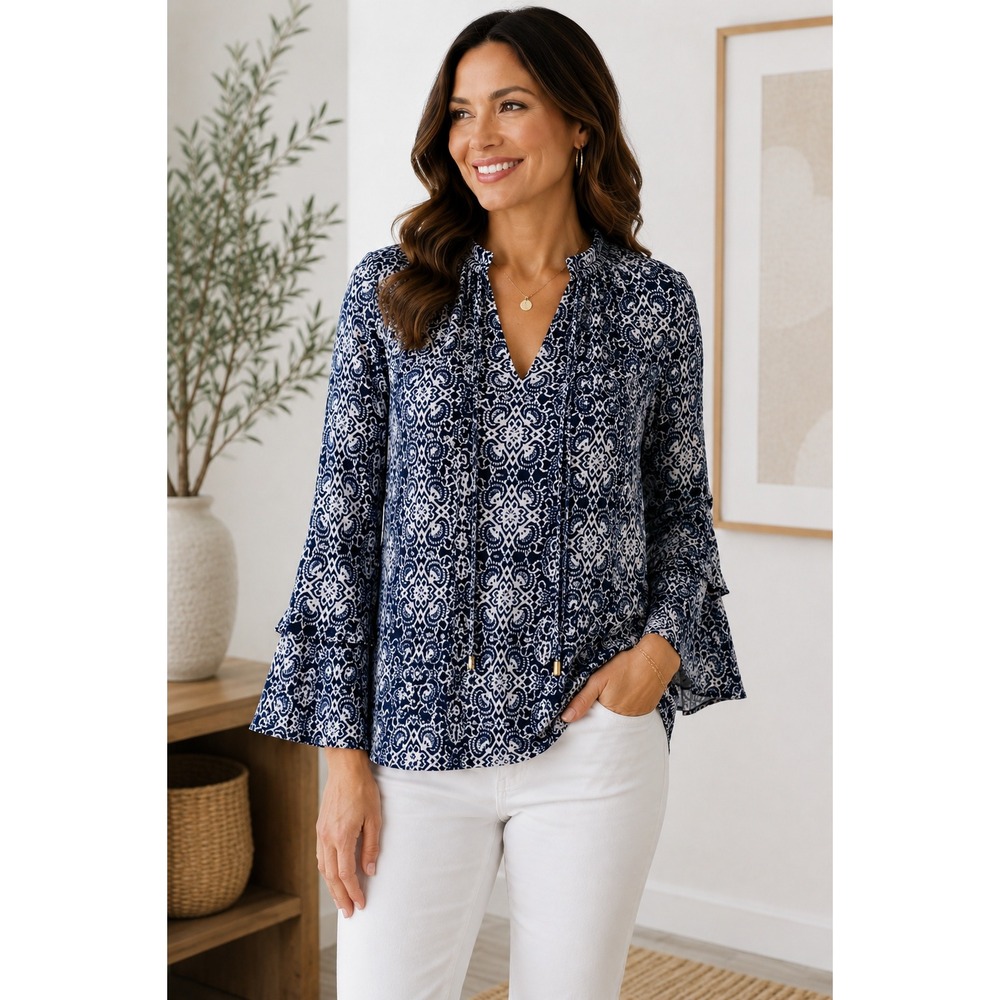 Veronica M Abbott Boho Blouse M Navy White Bell Sleeve Tie Neck Flowy Top
